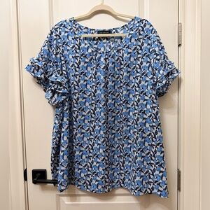 Lane Bryant Blue and White Floral Ruffle Sleeve Top